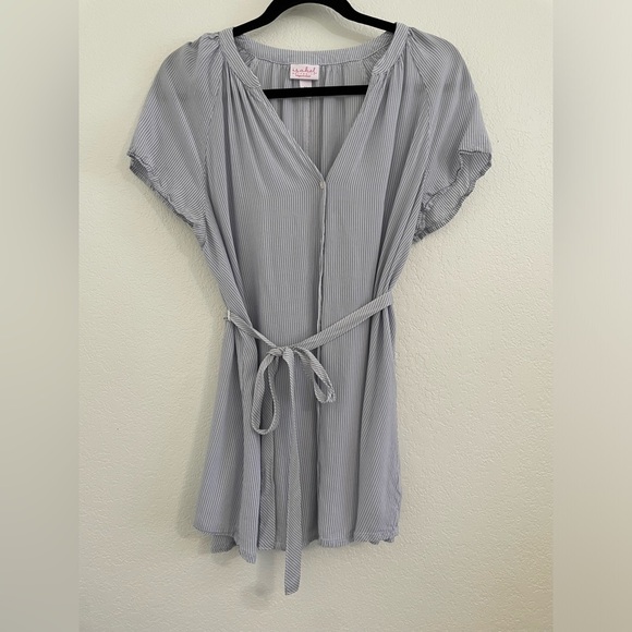 Isabel Maternity Baby Blue Striped Short Sleeve Button-Down Shirt, Medium - Picture 1 of 5